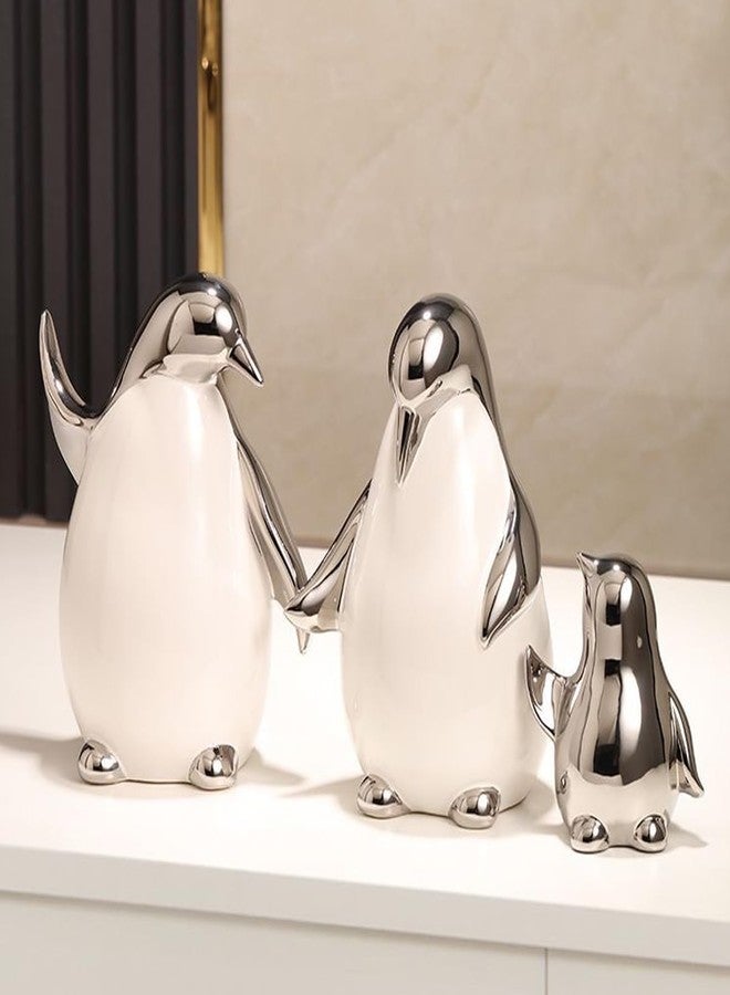 Tuioyoc Set of 3 Ceramic Statues Aesthetic Abstract Penguins Sculpture Cute Modern Home Decor Decorative Statue for Living Room, Bedroom, Office, Table Centerpiece (White Silver) - Image 1